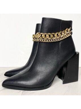 Steve Madden Tryout Black Leather Gold Chain Bootie 6M